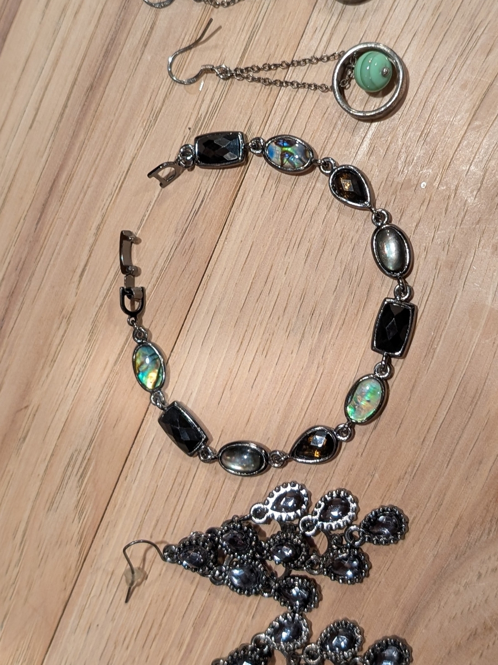 Gunmetal Black and Opal Toned Bracelet And Matched Earrings